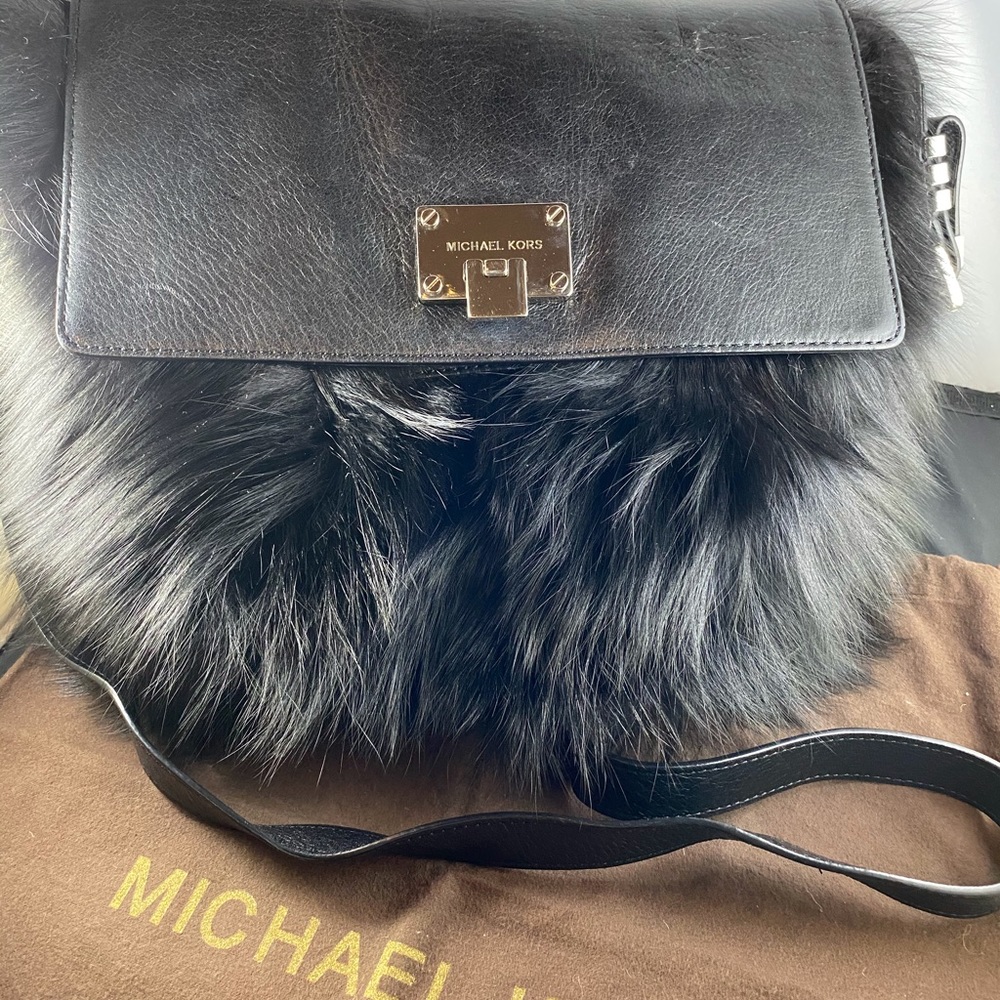 MK Jet Black Fox Fur/Black Leather Flat Crossbody